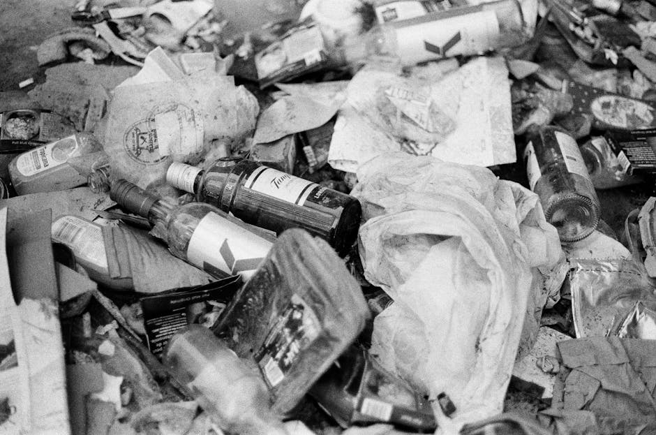 An aerial view of a large landfill site filled with a dense layer of mixed waste materials, including plastic bags, cardboard, food packaging, textiles, and miscellaneous debris, all scattered across 